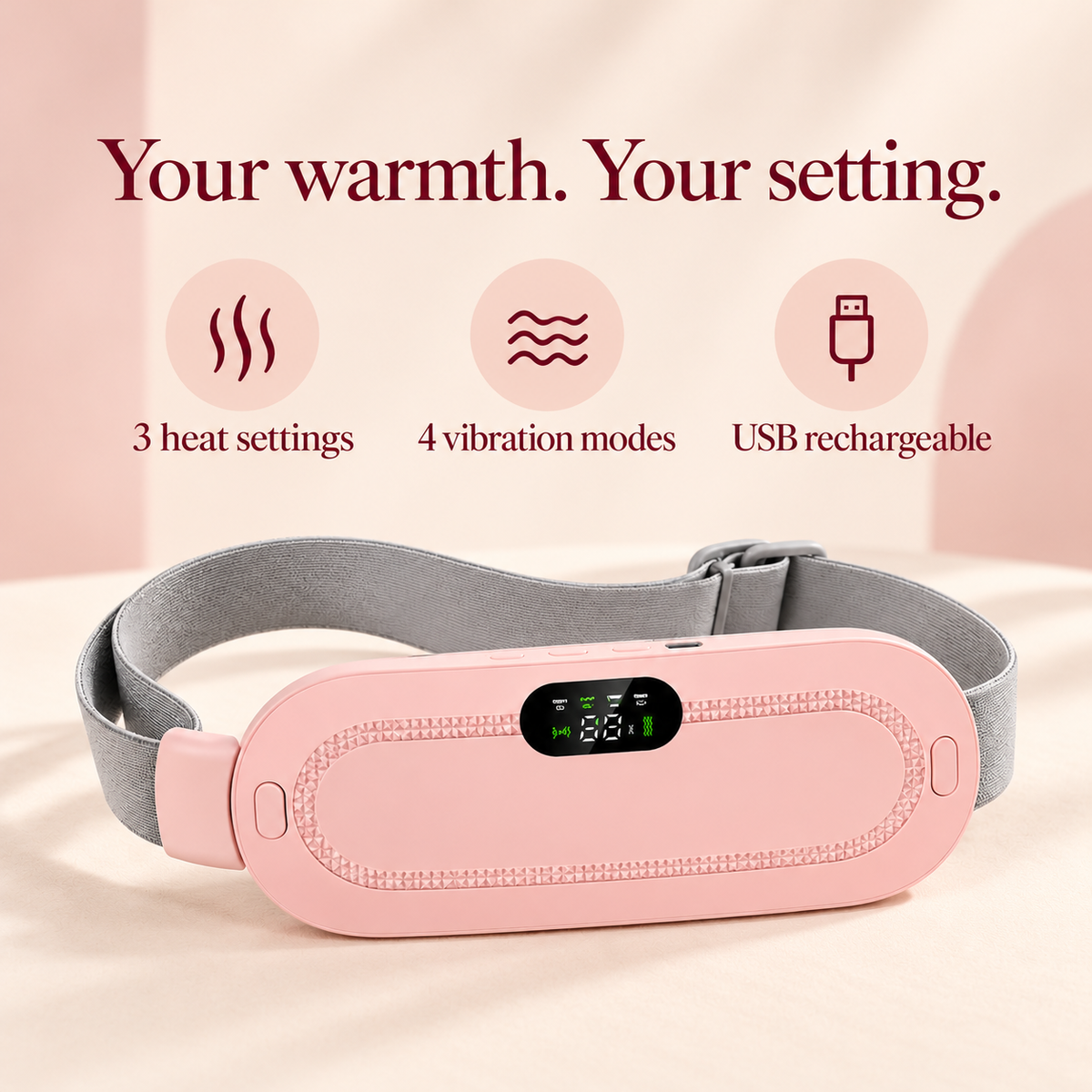 Heating belt features: three heat settings, four vibration modes and USB rechargeable
