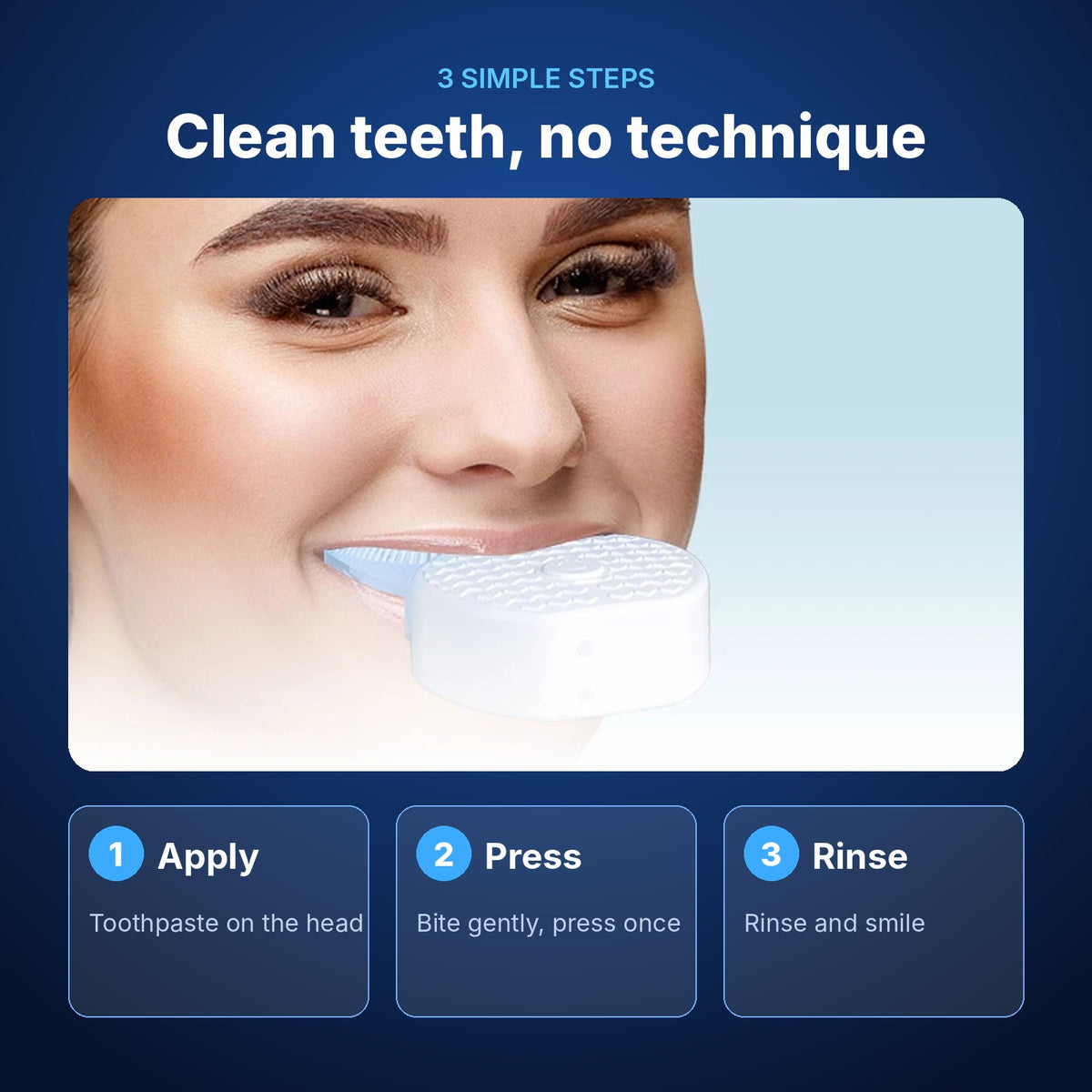 Three simple steps: apply toothpaste, press the button, rinse