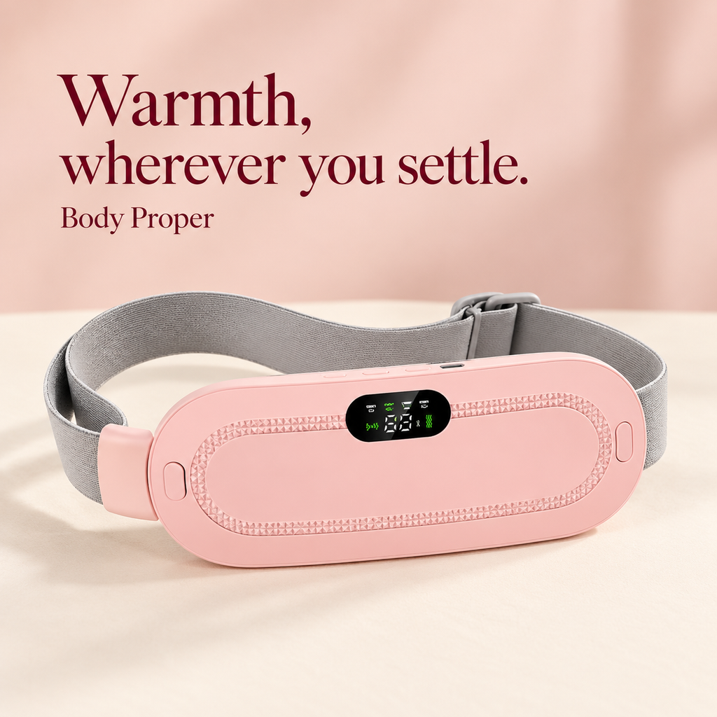 Body Proper pink wearable heating belt with adjustable grey strap