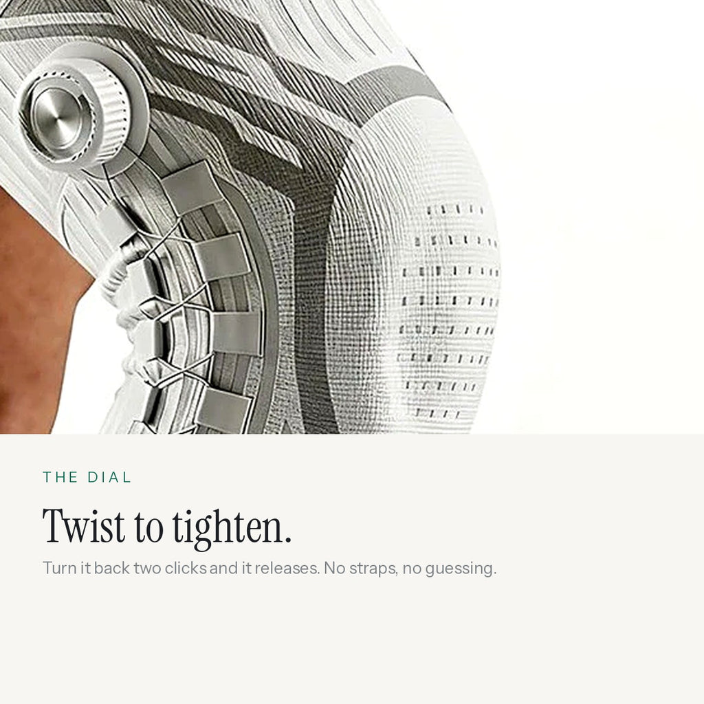 Close-up of the twist dial that tightens and releases the brace