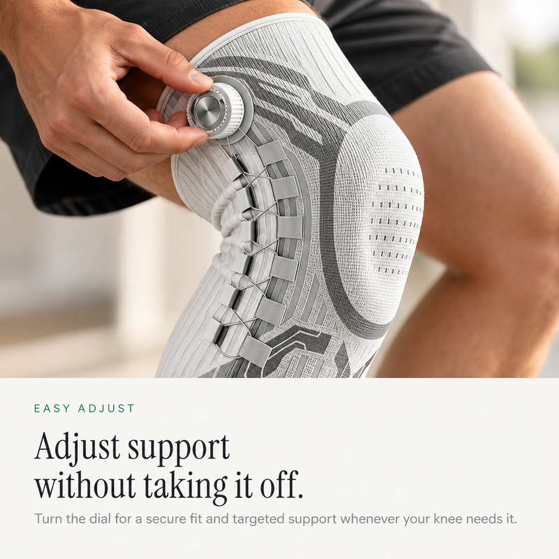 Adjustable knee support dial for easy tension adjustment