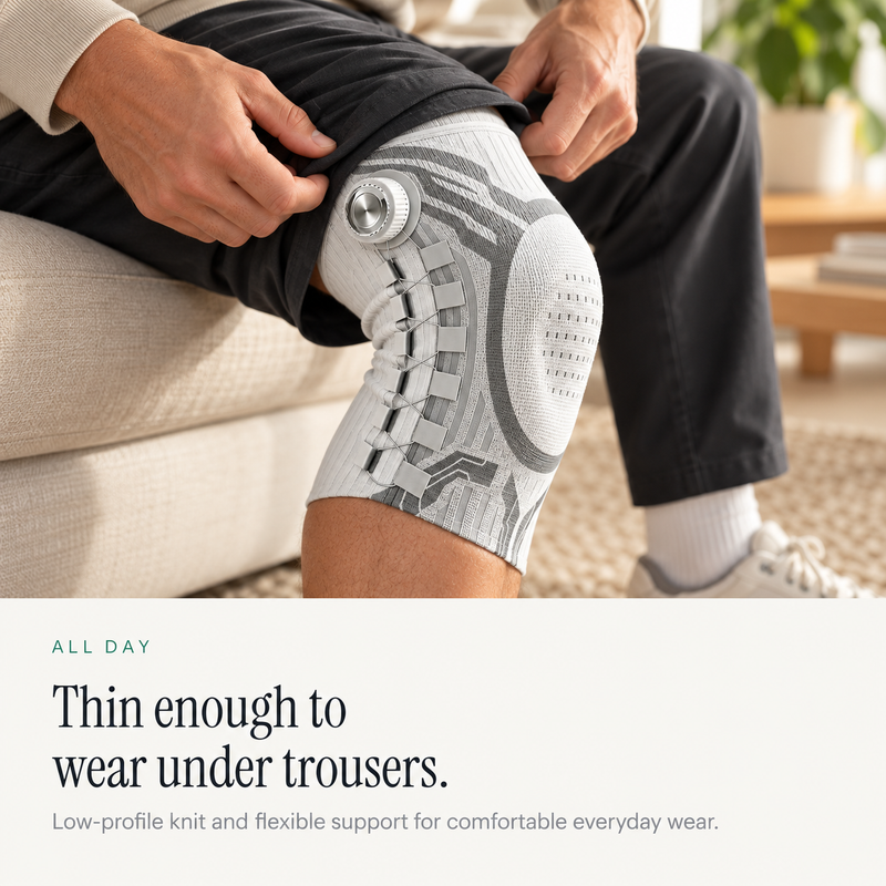 Low-profile knee support worn under trousers
