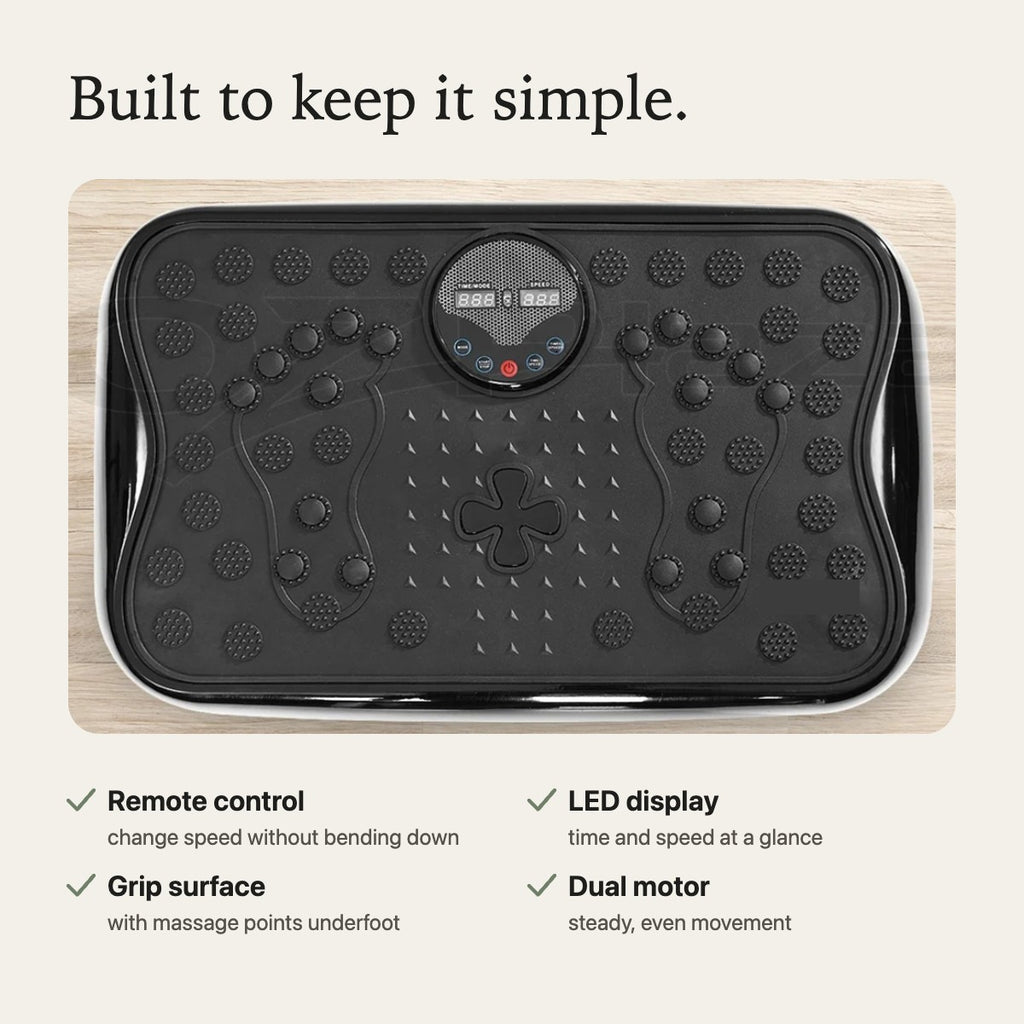 Vibration plate top view with remote, display and grip surface