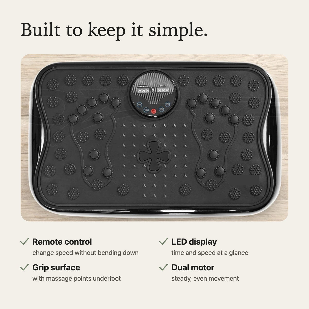 Vibration plate top view with remote, display and grip surface
