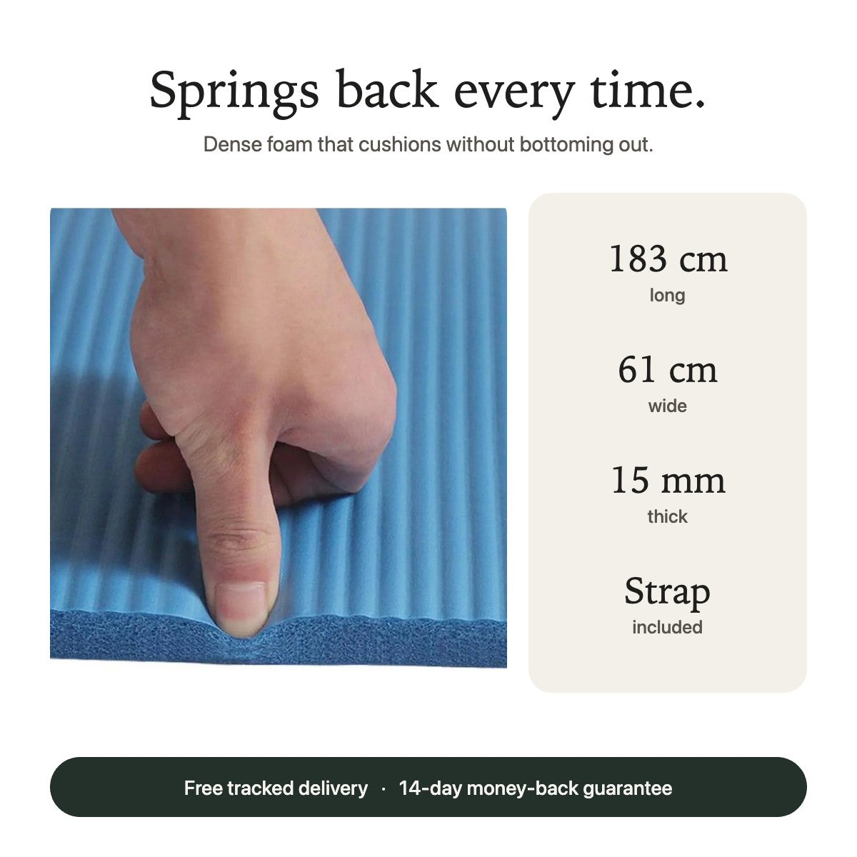 Yoga mat 183 x 61 cm, 15 mm thick